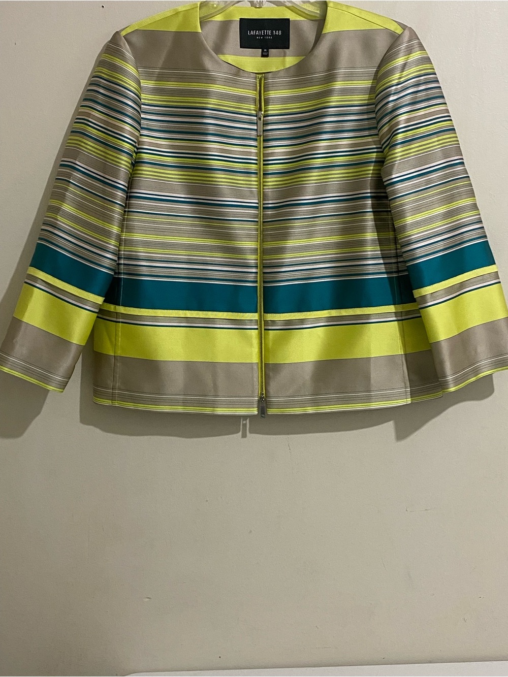 Lafayette 148 New York Lime & Teal Striped Collarless Jacket